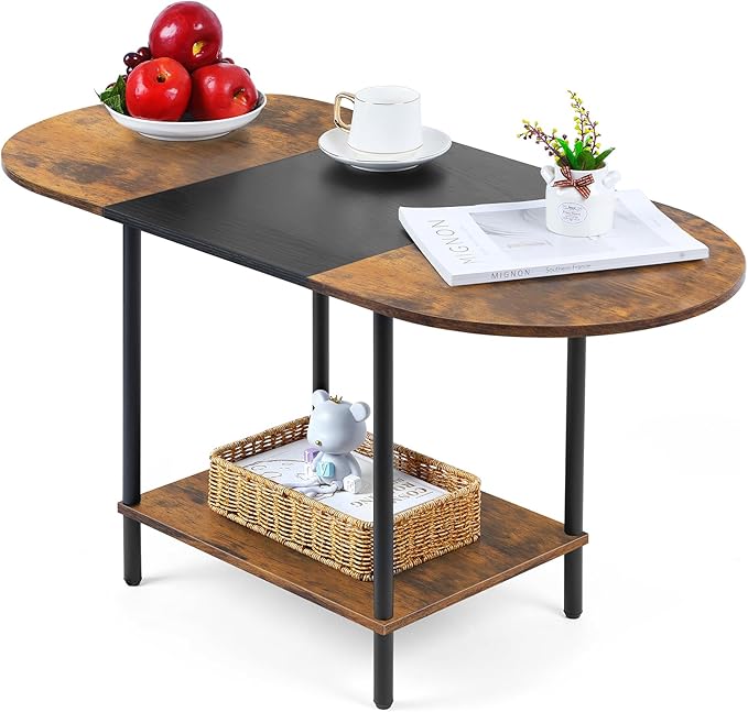 Coffee Tables for Living Room,2-Tier Small Coffee Table Farmhouse Oval Center Table with Storage Shelf and Wood Tabletop,for Small Space,Home Office,Black & Brown