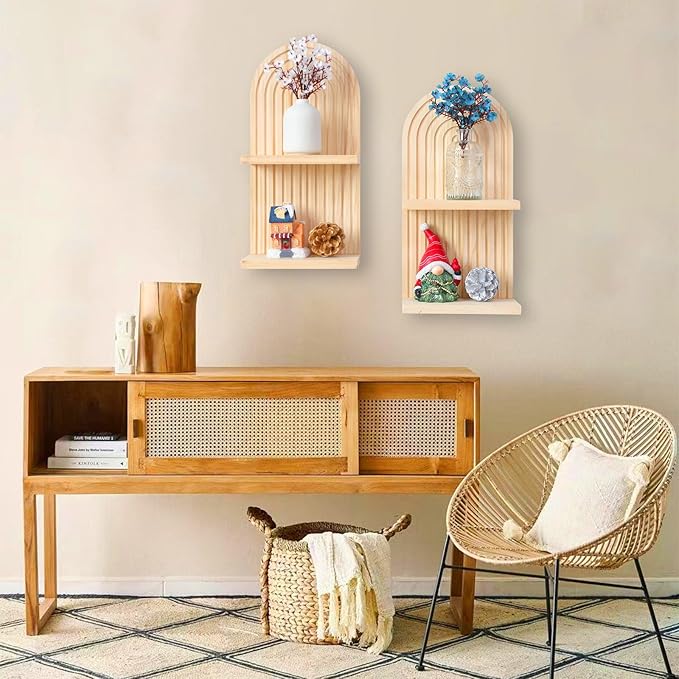 YIYA 2 Pcs Boho Wooden Rainbow Wall Shelves Floating Shelves for Wall Rainbow Arch Boho Floating Shelves Modern Boho Wall Shelf for Living Rooms Bathroom Display