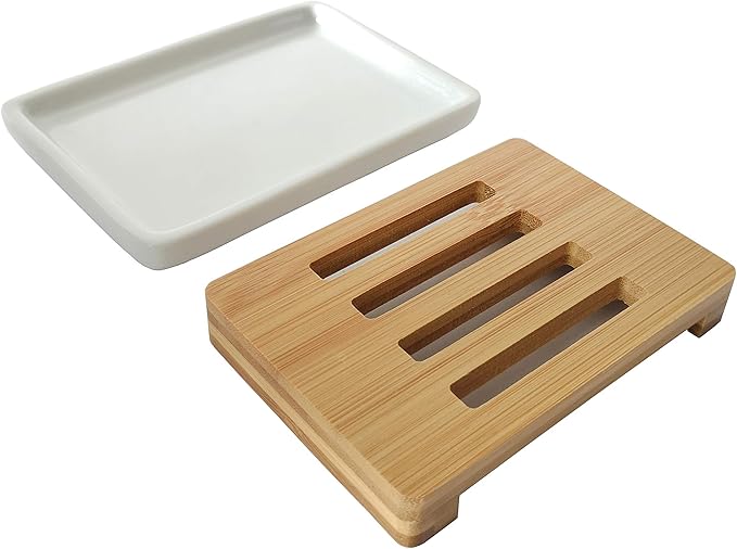 Lofekea Soap Dish Holder, Self Draining Soap Saver Bar Soap Holder for Shower Ceramic Soap Dish for Shower,Bathroom, Kitchen (Bamboo)