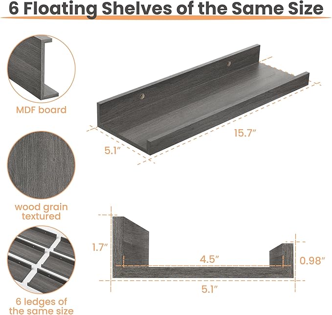 upsimples Floating Shelves for Wall, Wall Shelves for Decor Storage Set of 6, Wall Mounted Wood Shelves for Bedroom, Living Room, Bathroom, Kitchen, Picture Ledge Shelves, Grey
