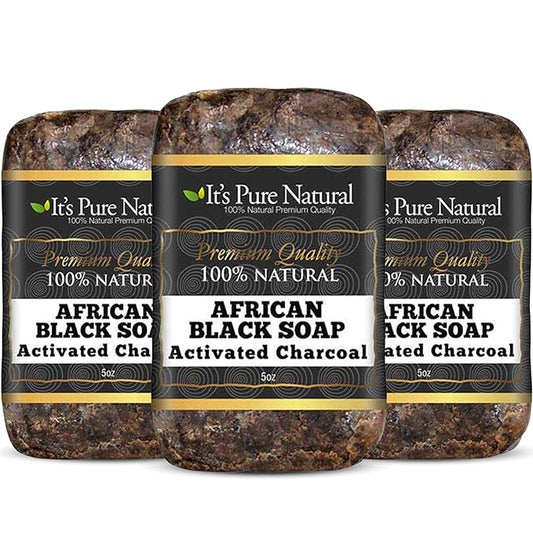 It's Pure Natural African Black Soap Bars with Activated Charcoal (Pack of 3) Organic Raw Soap for Face & Body, Acne Treatment & Dark Spot Remover [Made in Ghana]