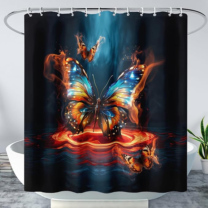 AILONEN 3D Butterfly Shower Curtain,Fire and Ocean Butterfly Bath Curtain 60" W*72" H,Modern Abstract Art Butterfly Print Waterproof Bathroom Curtain with 12 Plastic Hooks for Girls Women