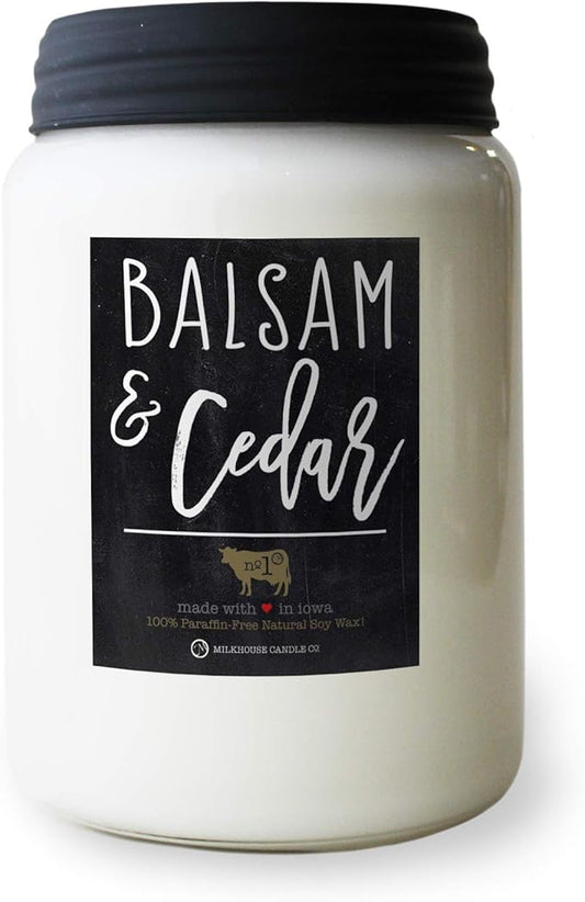 Milkhouse Candle Company - Balsam & Cedar - 26oz Beeswax and Soy Candles - Farmhouse Collection - 100% Natural, Paraffin Free, with Premium Fragrance Oil, Glass Jars with Lids
