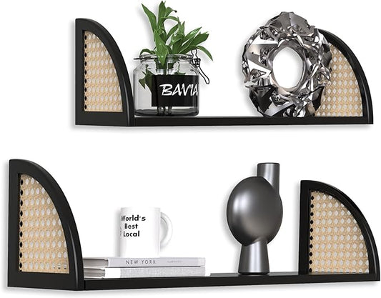 Floating Shelves for Wall,Rattan Wall Mounted Shelves for Wall Decor,Sturdy Wood Bathroom Shelves for Kitchen,Bedroom,Living Room,24.8 * 7.68 inch,Set of 2,Black