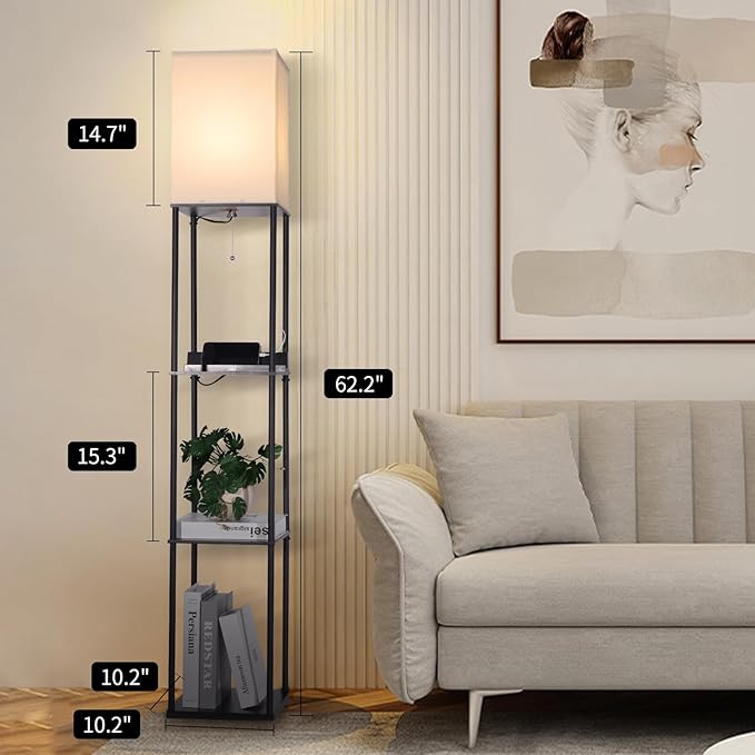 Floor Lamp with Shelves, with 2 USB Ports and Power Outlet Modern Square Standing Lamp with 3 Color Temperature Bulb, Corner Display Bookshelf Lamp for Living Room, Bedroom and Office (black-9DY)