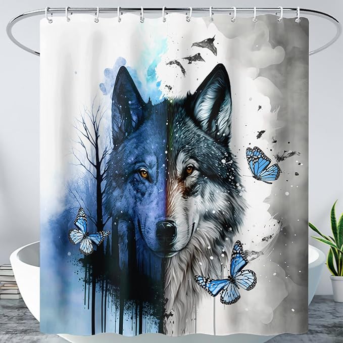 AILONEN Wolf Print Shower Curtain for Boys Men,Watercolor Wolf Bath Curtain 72" W*96" H Animal Wolf Bathroom Curtain Polyester Waterproof Wildlife Bathroom Curtain with 12 Hooks