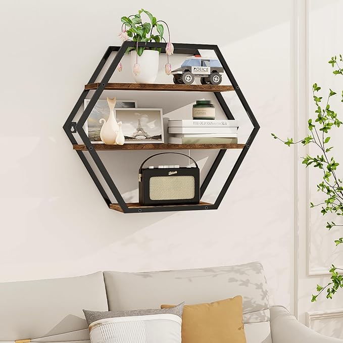 Hexagon Shelves for Wall, Hexagon Floating Shelves, Decorative Geometric Shelf for Wall Decor, Farmhouse Style Shelves for Bathroom Living Room, Rustic Brown Black