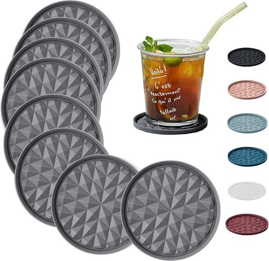 Silicone Coasters for Drinks[8 Pack, No Holder]- Cup Mat for Tabletop Protection-Non-Slip, Non-Stick, Coffee Table Decor, Great Gift for Any Occasion, Dark Grey