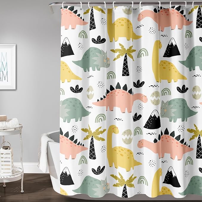 AILONEN Dinosaur Shower Curtain for Kids Boys Girls, Cute Kawaii Dinosaur Bathroom Curtain,Tropic Tree Leaves Printed Bath Curtain 72" W*72" H Polyester Waterproof Bathroom Curtain with 12 Hooks