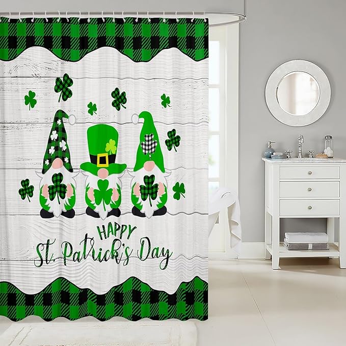 St. Patrick's Day Kids Shower Curtains,Cartoon Gnomes Leaves Irish Holiday Bathroom Curtains for Girls Boys,Geometric Grids Patchwork Green Cute Waterproof Curtains,12 Hooks Suits,72"W x 84"L