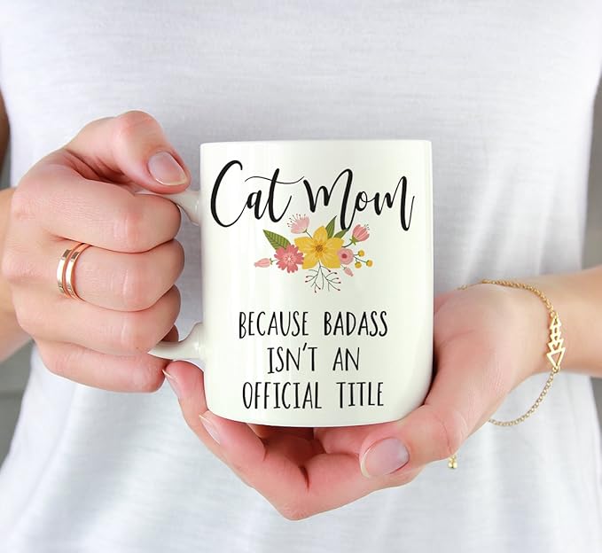 Andaz Press 11oz. Coffee Mug Gag Gift, Cat Mom Because Badass Isn't an Official Title, Floral Graphic, 1-Pack