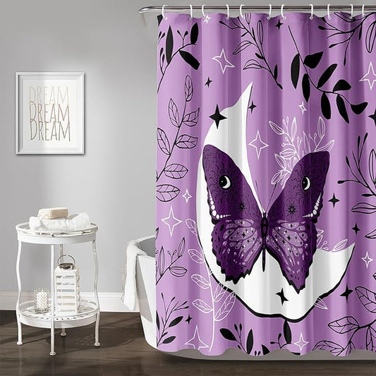 AILONEN Butterfly Shower Curtain for Bathroom Sun and Moon Purple Boho Bath Curtain 72" W*72" H Polyester Fabric Waterproof Bathroom Curtain with 12 Hooks