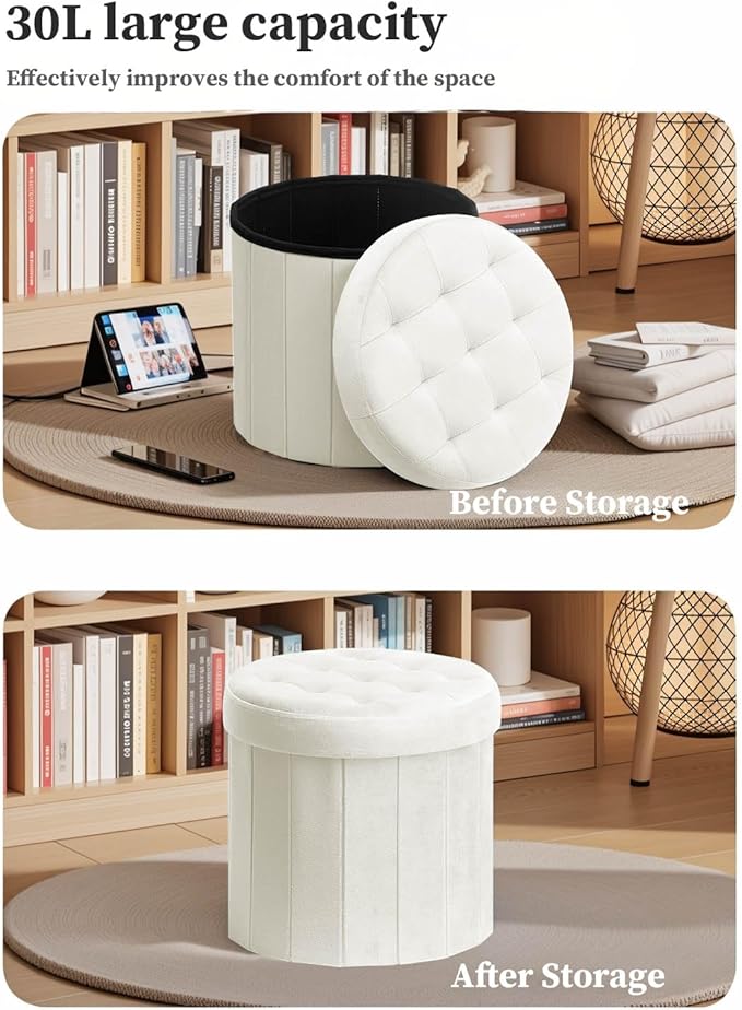 Folding Storage Ottoman Round 15Inch, Foot Stool with Thicker Foam Padded Seat Small Velvet Storage Ottoman Bench Foot Rest for Living Room Foldable Coffee Table,Beige