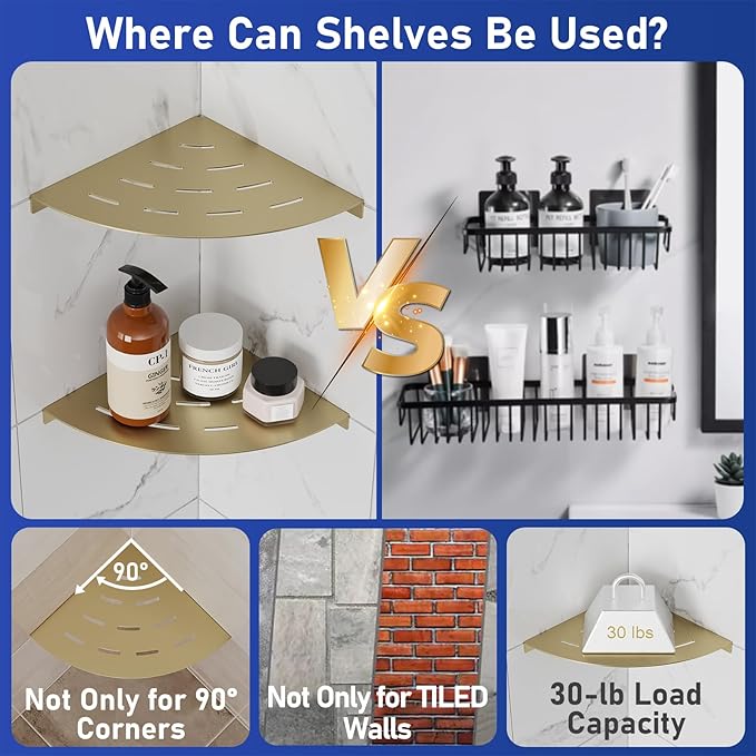 2 Pack Corner Shower Shelves 304 Stainless Steel Brushed Gold Corner Shower Shelf Quick Drainage 8 in Drilling Installation