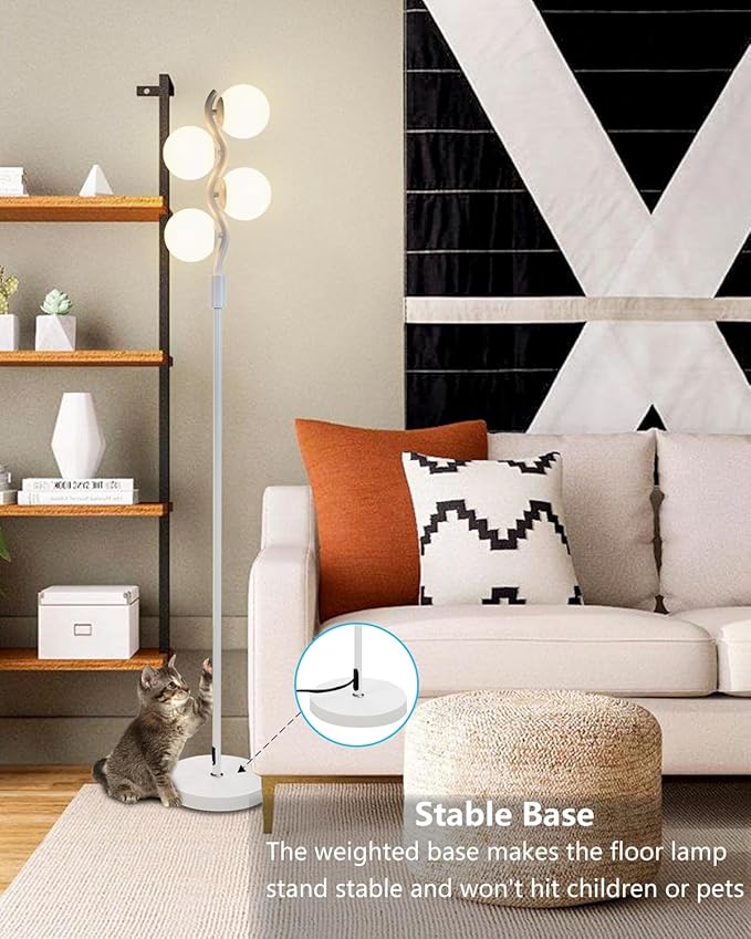 60IN Dimmable (Brightness Adjustable) White Pole Floor Lamp, Modern Standing Lamps with 4 Globe Soft Warm White 3000K Bulbs, Mid Century Floor Lamp for Living Room Bedroom Home Decor