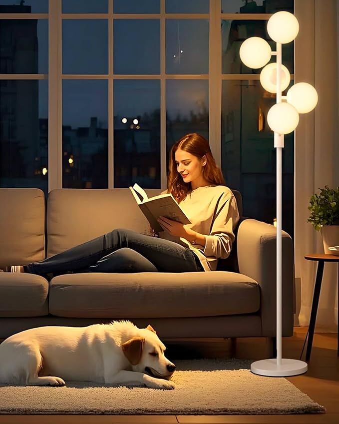 64IN Dimmable White Floor Lamp, Tall Standing Lamps with 5 Globe Soft Warm White Eye Care 3000K G9 Bulbs, Mid Century Modern Floor Lamp for Living Room Bedroom Office