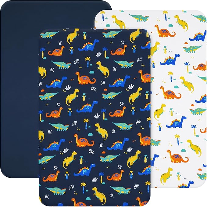 david's kids 3 Pack Mini Crib Sheets, Premium Pack N Play Sheets for Boys Girls Neutral, Soft Breathable Baby Sheets Fit Pack N Play, Playard and Mini Crib Mattresses, Dinosaur