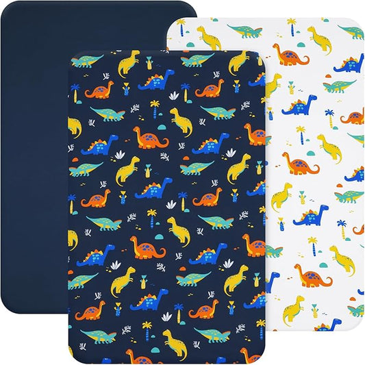 david's kids 3 Pack Mini Crib Sheets, Premium Pack N Play Sheets for Boys Girls Neutral, Soft Breathable Baby Sheets Fit Pack N Play, Playard and Mini Crib Mattresses, Dinosaur