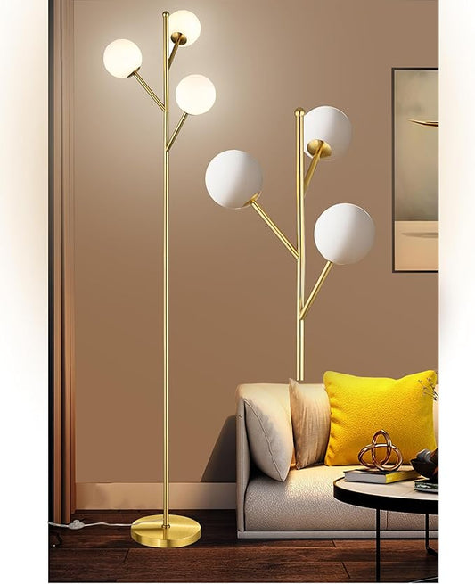 3-Globe Mid Century Tree Floor Lamp and Bulbs Included,70in Tall Standing Glod Floor Lamp with Frosted Glass Shade for Living Room Office Bedroom, Study Room, Hotel, Antique Brass Lighting