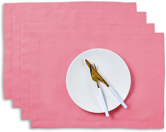 Solino Home Linen Cloth Placemats Set of 4-100% Pure Linen Pink Carnation Placemats 14 x 19 Inch for Summer - Fete