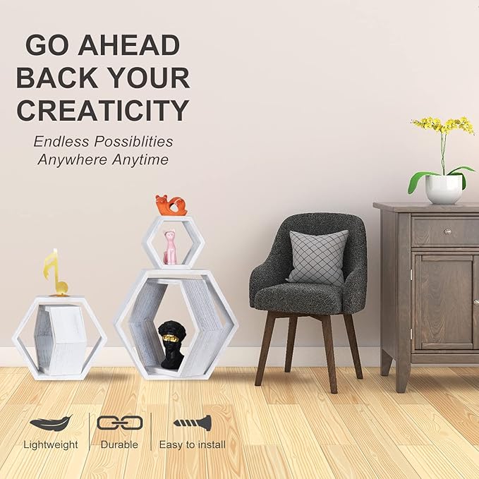 PHOENANCEE Hexagon Floating Shelves,Wall Mounted Wood Farmhouse Storage Honeycomb Wall Shelf Set of 5,for Bathroom, Kitchen, Bedroom, Living Room,Office,Driftwood Finish (Weathered White)