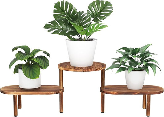 Convex Plant Stand Indoor,3 Tier Wooden Plant Holder Deformable Long Flower Pot Stand Corner Low Plant Shelf for Patio Balcony Living Room Office