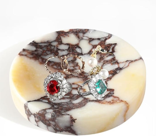 Koville Luxury Italy Calacatta Viola Marble Jewelry Dish, Small Round Trinket Dish for Ring Necklace Earring, 4" Marble Decorative Tray, Aesthetic Home Table Decor