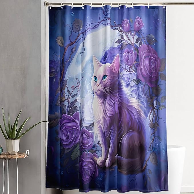 AILONEN 3D Cute Cat Shower Curtain Set, Purple Oil Rose Waterproof Fabric Shower Curtain for Kids Boys Girls,Cat Lovers Animal Design Shower Curtain for Bathroom with Hooks,48" W*72" H
