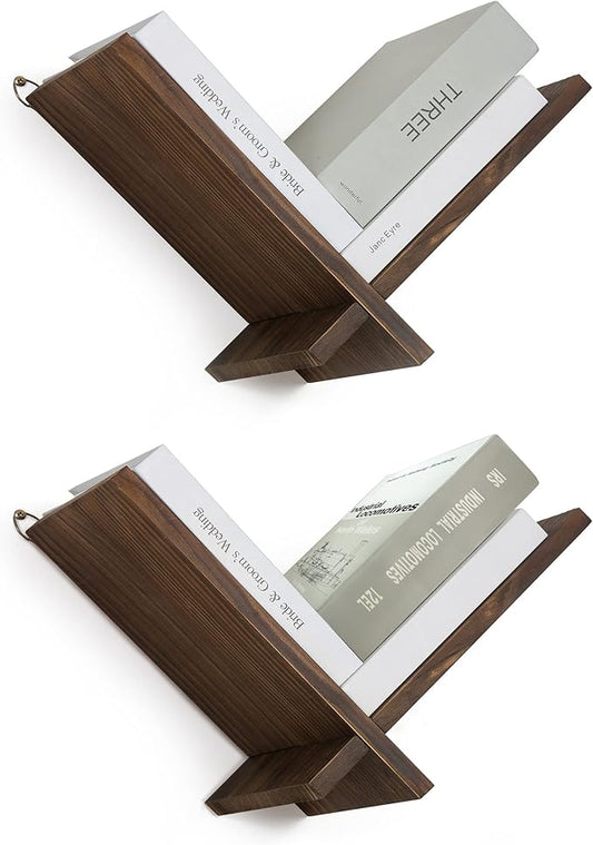 Afuly Floating Shelves for Wall, Funky Wall Mount Bookshelves Small Natural Wood Bookshelf Hanging Storage Organizer Modern Home Decor for Living Room Bedroom Study Tabletop, Set of 2 Brown