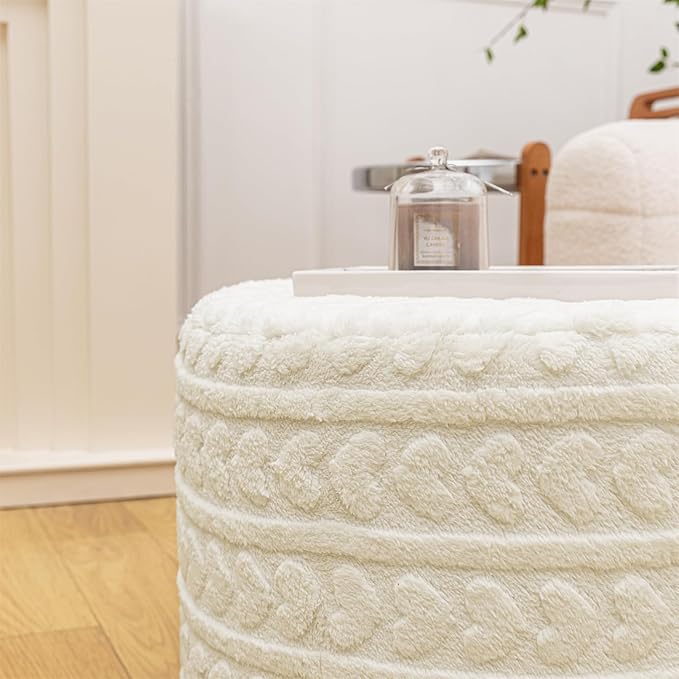 Round Pouf Ottoman 20x14 Inches Soft Heart Printed Footstool Ottomans for Living Room Comfort Floor Pouf Modern Foam Stuffed Poofs Perfect to Rest Your Feet for Couch Desk Ivory