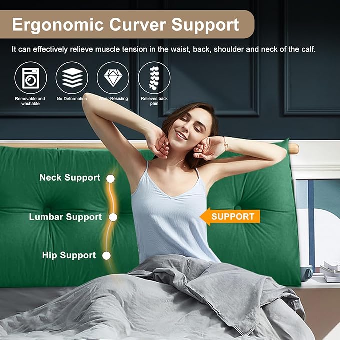 Large Triangular Headboard Pillows Long Backrest Positioning Support Bolster Cushion for Daybed Fluffy Quality Plush Body Wedge Pillow with Removable Cover(Dark Green-Twin/Twin XL-39x8x20 in)