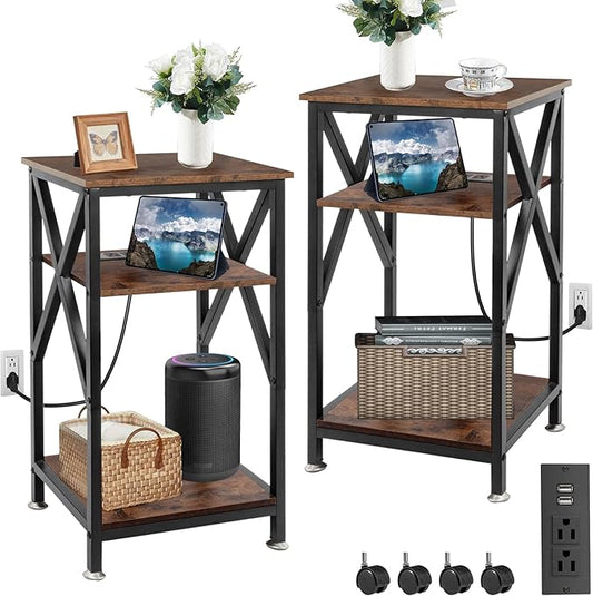 End Table with Charging Station, End Tables Living Room Set of 2 Farmhouse, 12" D x 16" W x 28" H, 28 inch Tall Side Tables, Rustic Wood End Tables, Couch Side Tables Set of 2