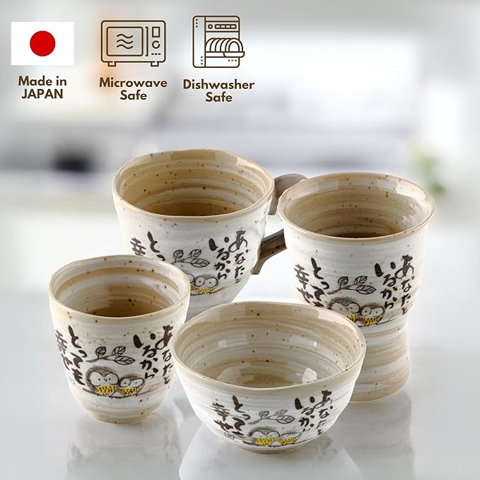 Mino Ware Owl Mug, Owl Coffee Mug, 8.8 oz, Handmade Ceramic Coffee Mug, Set of 2