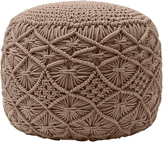 Ornavo Home Pouf Ottoman Foot Rest - 100% Cotton Pouffe - Hand Knitted Macrame Braid - Boho Round Stuffed Ottoman for Living Room, Bedroom - Taupe/Brown