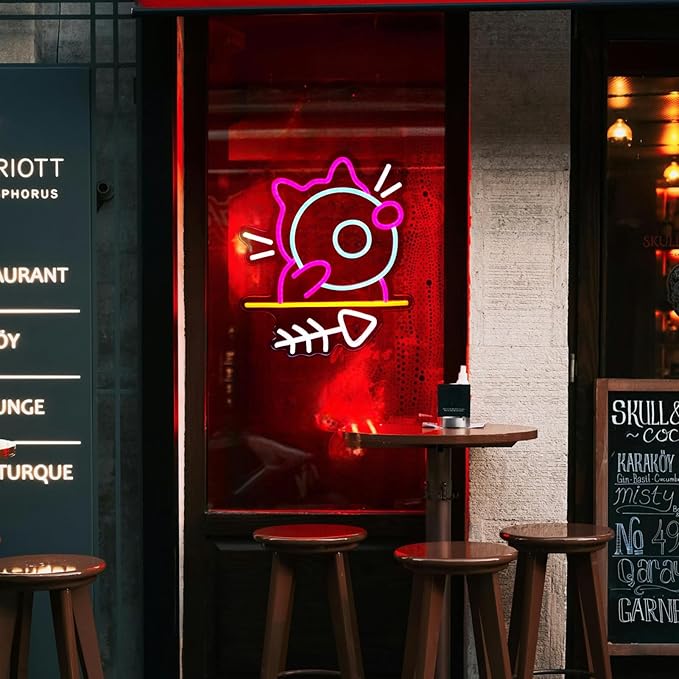 Hungry Cat Neon Sign Light, Pink and Ice Blue Neon Sign for Bedroom or Gaming Room, Good Choice for Boys Room Decor, Include 5V Charger
