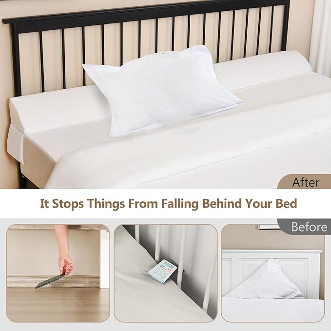 Vekkia King Bed Wedge Pillow for Headboard/Wedge Pillow Headboard/Bed Gap Filler/Headboard Pillow,Pillow Wedge for Headboard Gap,Stop Loosing Your Pillows,Phone&Glasses(White 76"x6.5"x4.5")