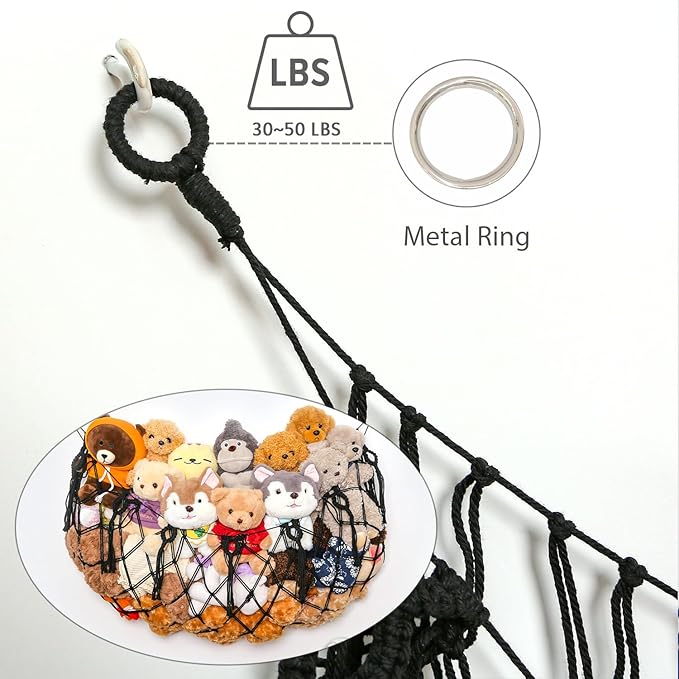 Large Stuffed Animal Net Hammock Macrame Toy Diaplay Plush Toy Holder Ceiling Hanging Net for Stuffed Animal Storage Kid Bedroom Boho Nursery Decor (Black, Small)