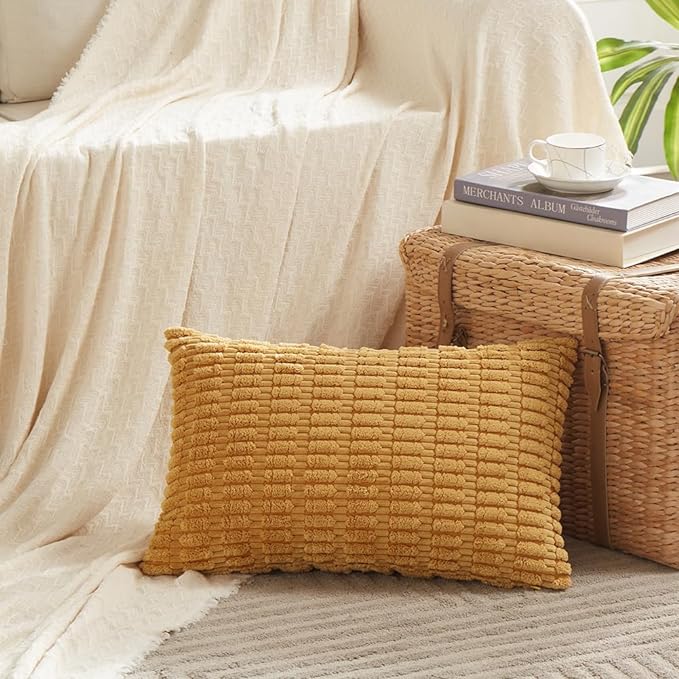 Fancy Homi 4 Packs Mustard Yellow Decorative Throw Pillow Covers 14x24 Inch for Couch Bed Sofa, Rustic Farmhouse Boho Home Decor, Soft Plush Striped Corduroy Square Cushion Case 35x60 cm