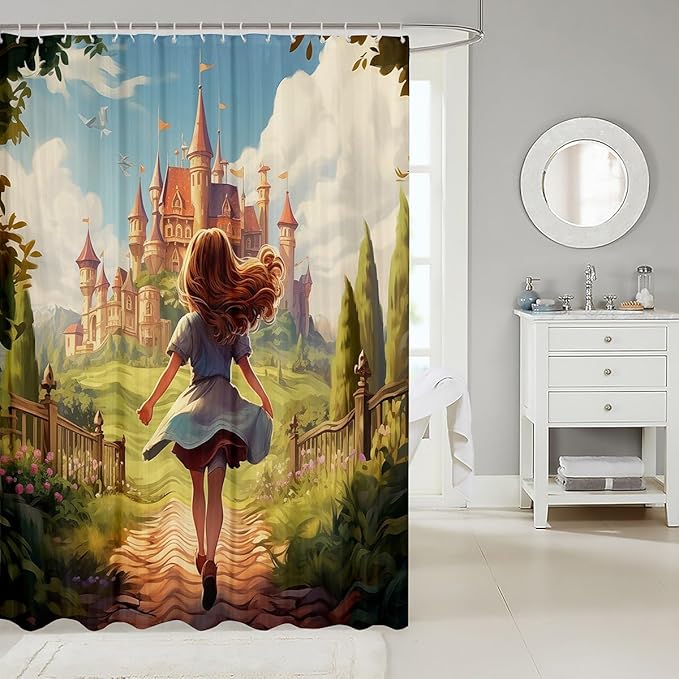 Feelyou Pretty Girl Bathroom Waterproof Accessories with 12 Hooks Castle Fabric Shower Curtain for Girls Pricess Style Shower Curtain Fancy Theme Curtains,72x78 Inches