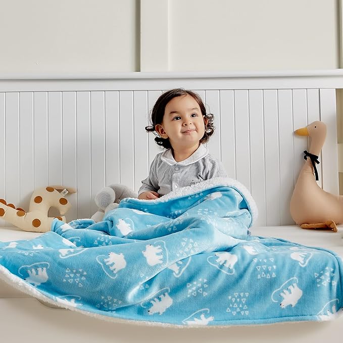 DaysU Plush Flannel Sherpa Baby Blanket for Girls Boys, Portable Reversible Soft Micro Fleece Baby Crib Throw Blanket with Animal Print for Newborn and Nursery, Polar Bear, 30"x40"