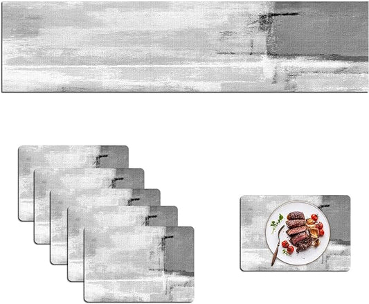 Mcalk Dark Grey Table Runner and Placemats Set of 6 Pieces, Grey Placemat, Cloth Place Mats Indoor for Kitchen, Washable Abstract Placemats Linen Material for Dining Table