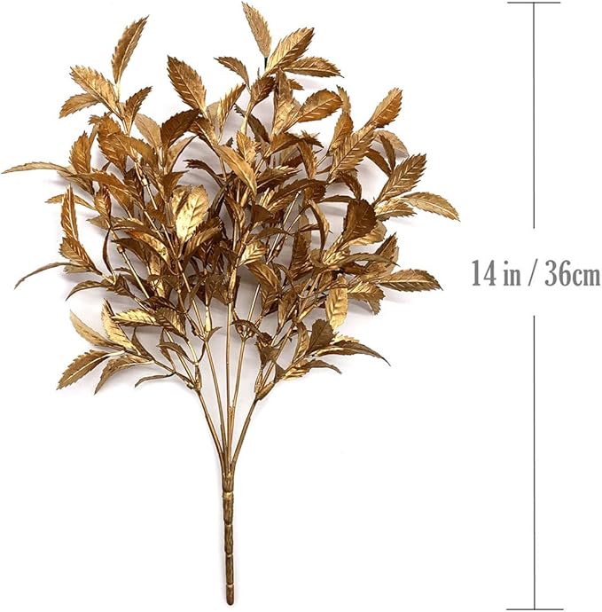 CATTREE Artificial Gold Plants, Plastic Leaves Golden 4 Pack, Fake Grass Faux Shrubs Bushes for Home Indoor Outdoor Garden Leaf Wedding Christmas Festival Decoration Hall Table Planter Filler