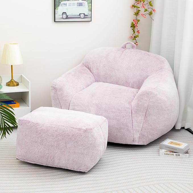 HollyHOME 15"(H) Bean Bag Ottoman Pouf, 6.6LB Memory Foam Filled Footstool for Sofa, Accent Stuffed Footrest Stool with Washable Cover, Single Footrest Stool for Living Room, Bedroom, Purple&Grey