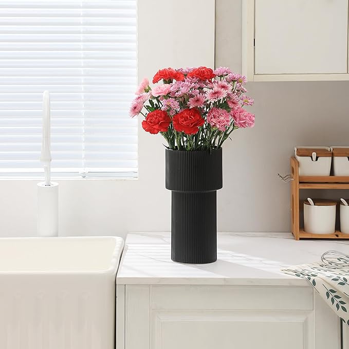 Large Black Ceramic Vase for Flowers, Large Ribbed Vase, Boho Decorative Vases for Modern Decor, Pampas Grass Vases for Living Room, Office, Mantel, Shelf, Entryway, 10 Inches