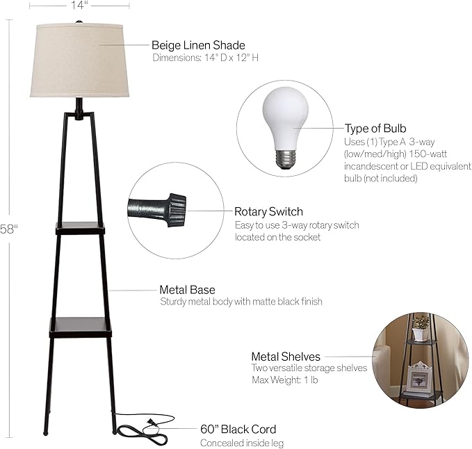 Catalina Lighting 19305-000 Modern Etagere Floor Lamp with Shelves, Standing Lamp, Living Room Light with Shelving, LED Bulb NOT Included, 58", Black