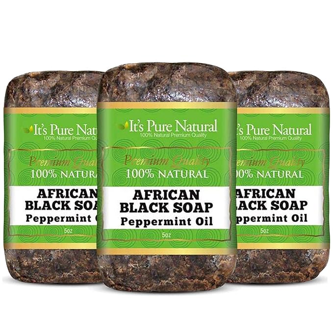 It's Pure Natural African Black Soap Bars with Peppermint Oil (Pack of 3) Organic Raw Soap for Face & Body, Acne Treatment & Dark Spot Remover [Made in Ghana]