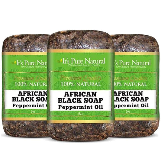 It's Pure Natural African Black Soap Bars with Peppermint Oil (Pack of 3) Organic Raw Soap for Face & Body, Acne Treatment & Dark Spot Remover [Made in Ghana]