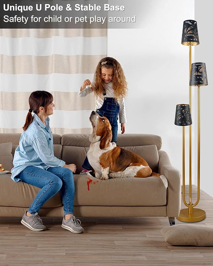 63IN Floor Lamp with Metal Shade, Unique Gold Tall Standing Lamps with 3 Poles, 3000K Warmwhite Mid Century Modern Floor Lamp for Living Room Home Office(Bulbs Included)