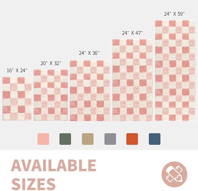 CozeCube Pink Checkered Bath mats for Bathroom Non Slip, Fluffy Absorbent Microfiber Bath mat Washable, Aesthetic Bathroom Rugs, Large Bath mat for Shower, 36" x 24"