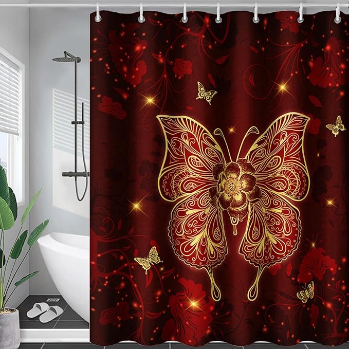 AILONEN Rose Butterfly Waterproof Curtain,Red and Gold Butterfly Floral Bath Curtain,Modern Chic Flower Polyester Fabric Red Curtain with 12 Plastic Hooks, 72" W x 84" H